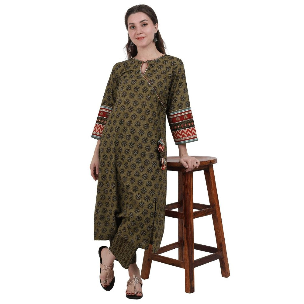 Spring Soul Olive Green Block Printed Angarkha Kurta with Pant (Set of 2)