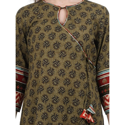 Spring Soul Olive Green Block Printed Angarkha Kurta with Pant (Set of 2)