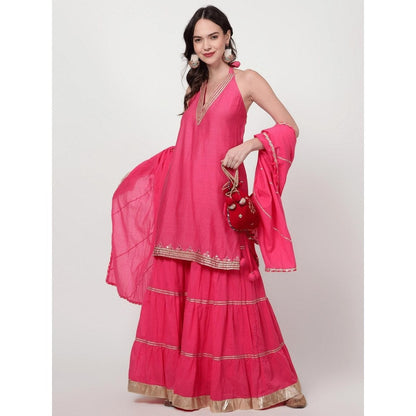 Spring Soul Fuchsia Pink Chanderi Silk Sharara with Kurta and Dupatta (Set of 3)