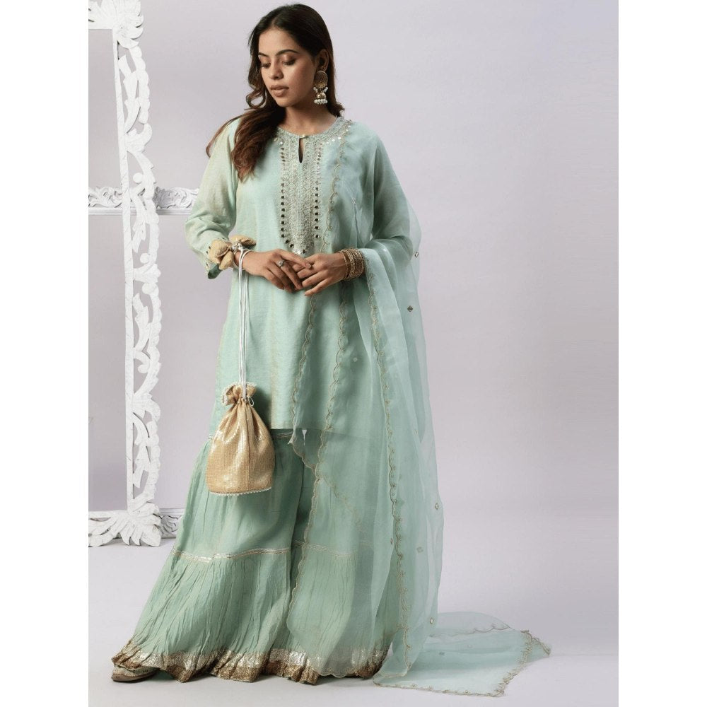 Spring Soul Metallic Chanderi Aqua Sharara with Kurta and Dupatta (Set of 3)