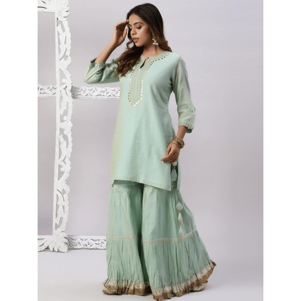 Spring Soul Metallic Chanderi Aqua Sharara with Kurta and Dupatta (Set of 3)