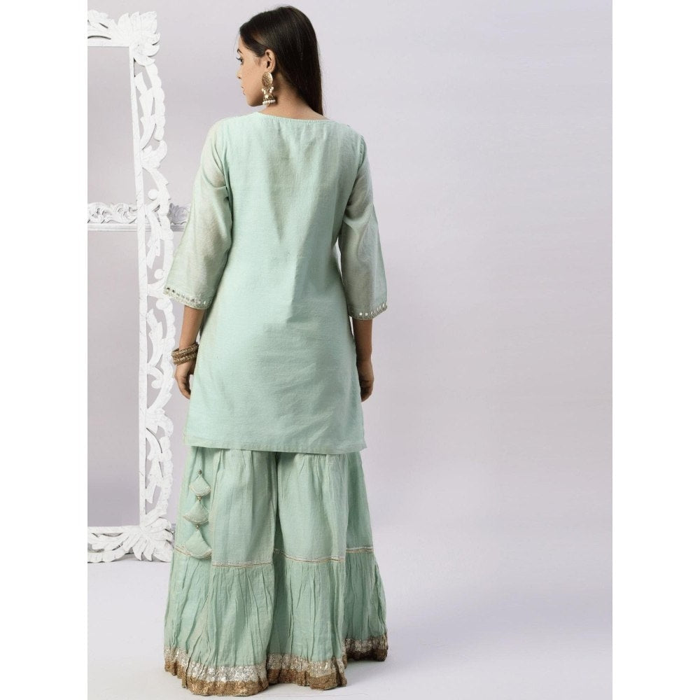 Spring Soul Metallic Chanderi Aqua Sharara with Kurta and Dupatta (Set of 3)