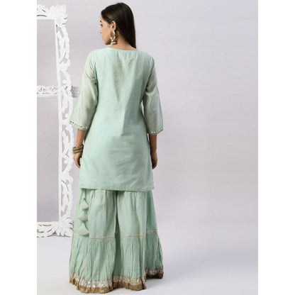 Spring Soul Metallic Chanderi Aqua Sharara with Kurta and Dupatta (Set of 3)