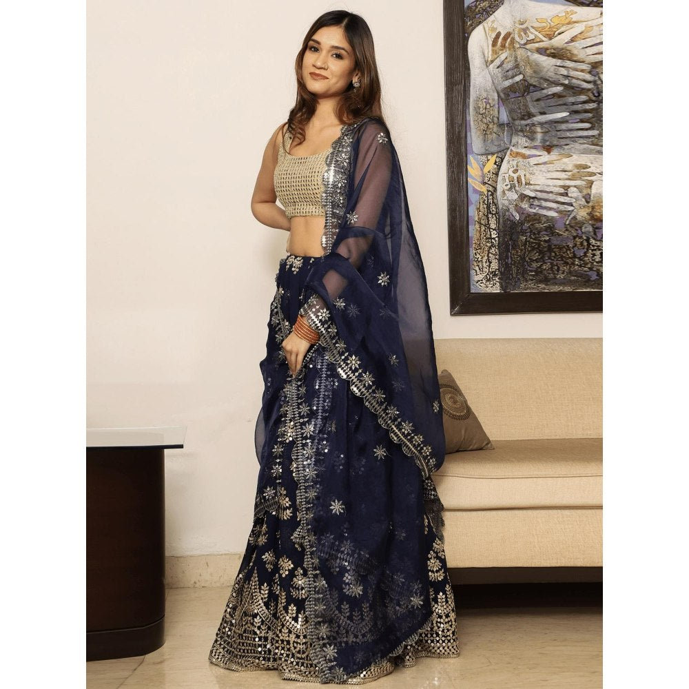 Spring Soul Navy Blue Embroidered Lehenga with Blouse and Dupatta (Set of 3)