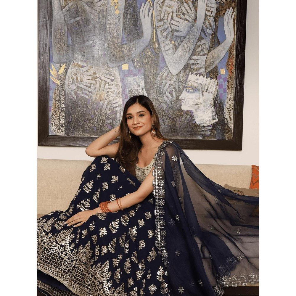 Spring Soul Navy Blue Embroidered Lehenga with Blouse and Dupatta (Set of 3)