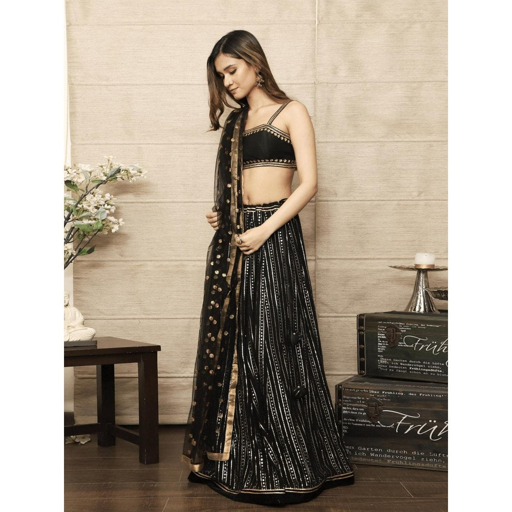 Spring Soul Black Embroidered Lehenga with Blouse and Dupatta (Set of 3)