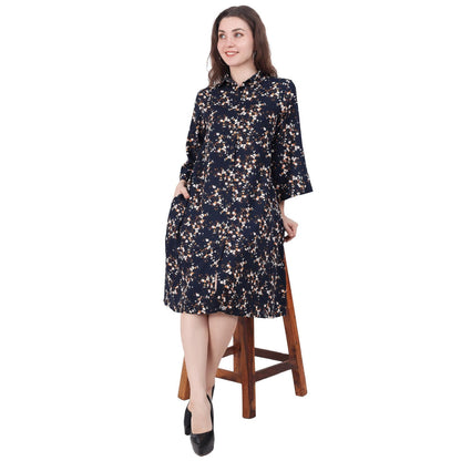 Spring Soul Cotton Viscose Collared Floral Printed Knee-Length Dress