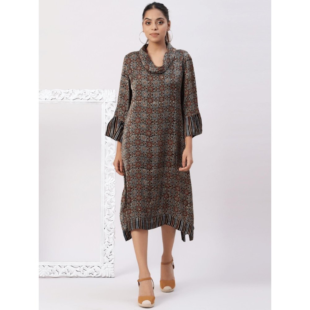 Spring Soul Asymmetric Cowl Neck Dress In Ajrakh Modal Silk Fabric