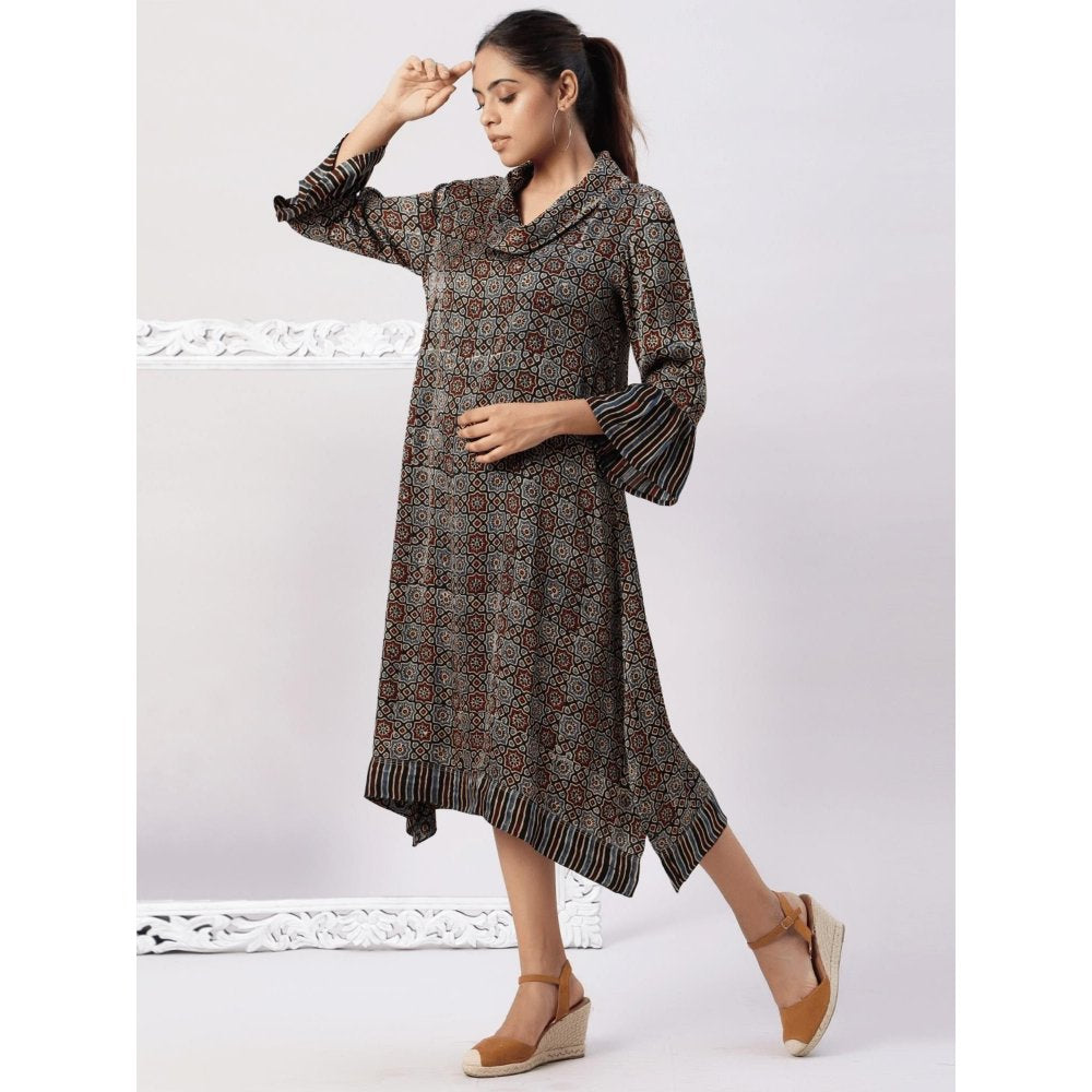 Spring Soul Asymmetric Cowl Neck Dress In Ajrakh Modal Silk Fabric