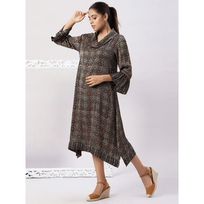 Spring Soul Asymmetric Cowl Neck Dress In Ajrakh Modal Silk Fabric
