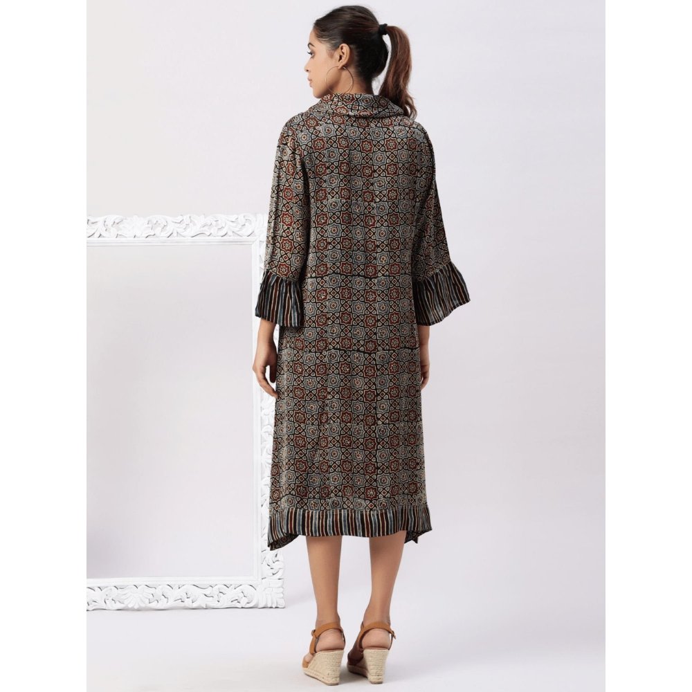 Spring Soul Asymmetric Cowl Neck Dress In Ajrakh Modal Silk Fabric