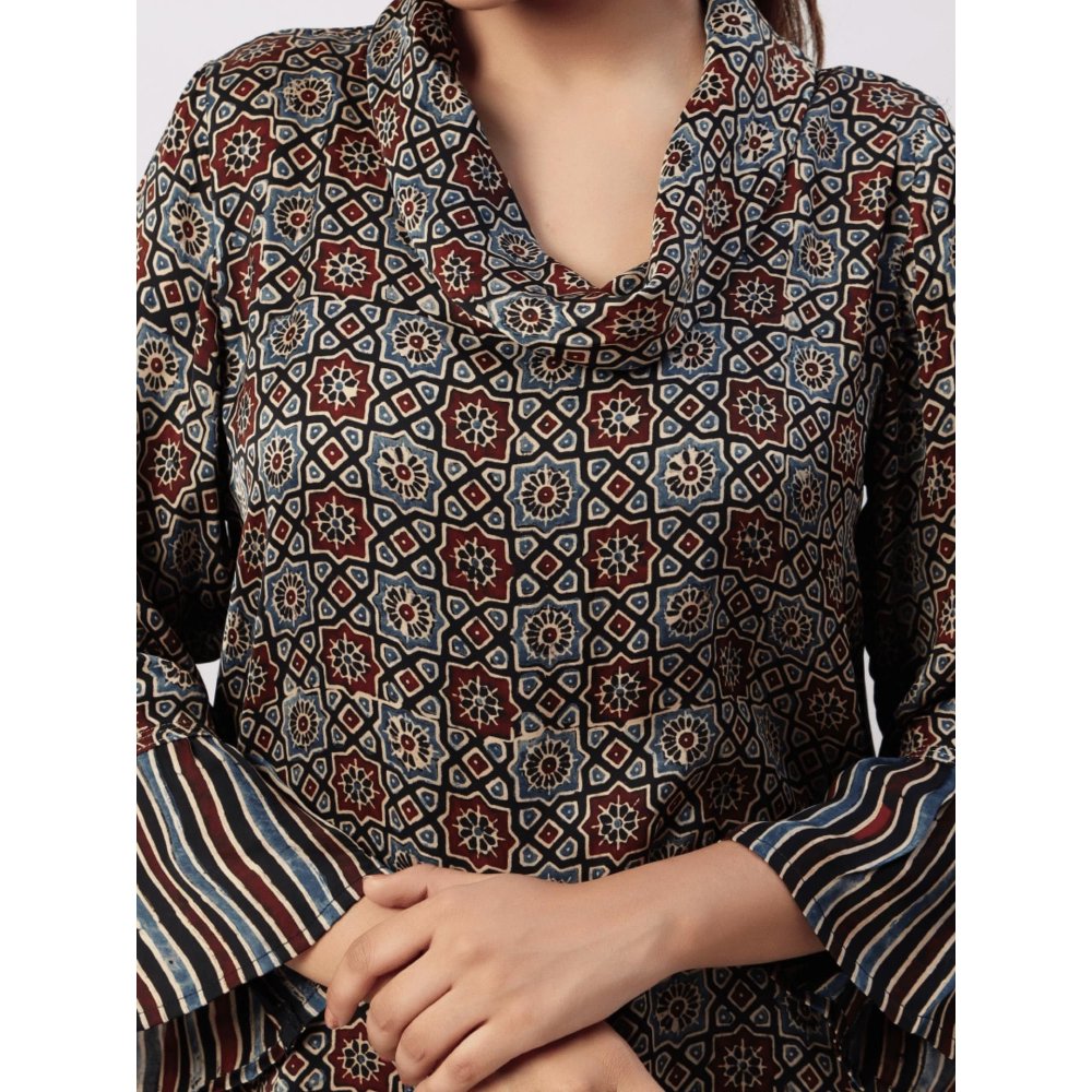 Spring Soul Asymmetric Cowl Neck Dress In Ajrakh Modal Silk Fabric