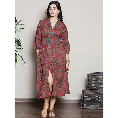 Spring Soul Maroon Printed Cotton Gathered Dress
