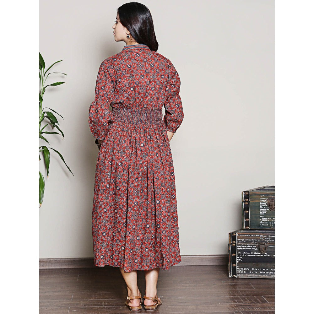 Spring Soul Maroon Printed Cotton Gathered Dress