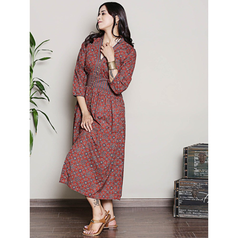 Spring Soul Maroon Printed Cotton Gathered Dress