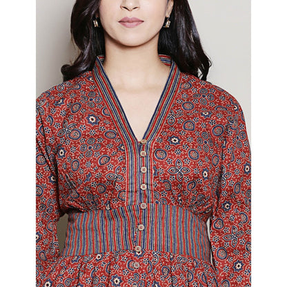 Spring Soul Maroon Printed Cotton Gathered Dress