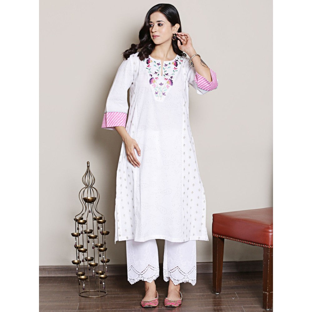 Spring Soul White Printed Embroidered Neck Kurta