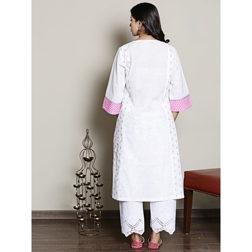 Spring Soul White Printed Embroidered Neck Kurta