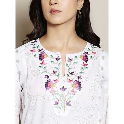 Spring Soul White Printed Embroidered Neck Kurta