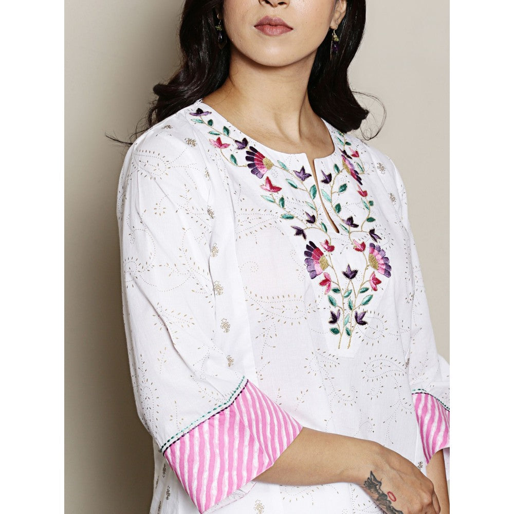 Spring Soul White Printed Embroidered Neck Kurta