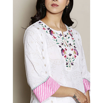 Spring Soul White Printed Embroidered Neck Kurta