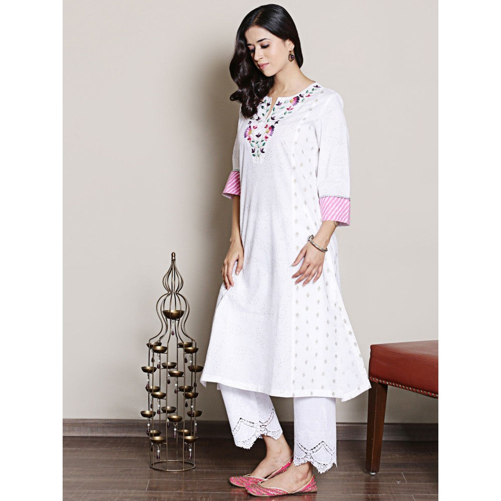 Spring Soul White Printed Embroidered Neck Kurta