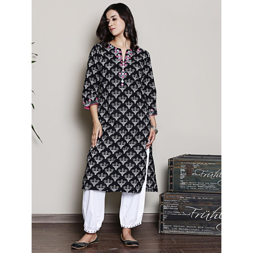 Spring Soul Black Printed Embroidered Neck Kurta