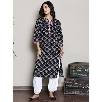 Spring Soul Black Printed Embroidered Neck Kurta