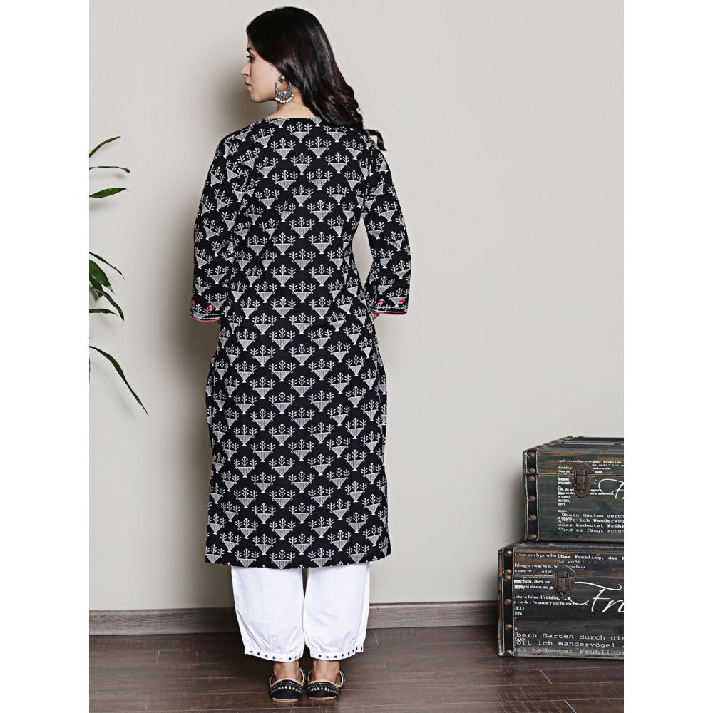 Spring Soul Black Printed Embroidered Neck Kurta