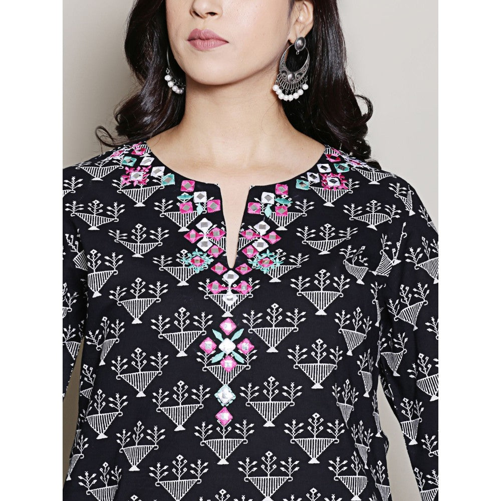Spring Soul Black Printed Embroidered Neck Kurta