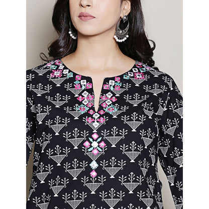 Spring Soul Black Printed Embroidered Neck Kurta