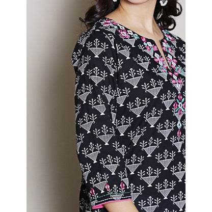 Spring Soul Black Printed Embroidered Neck Kurta