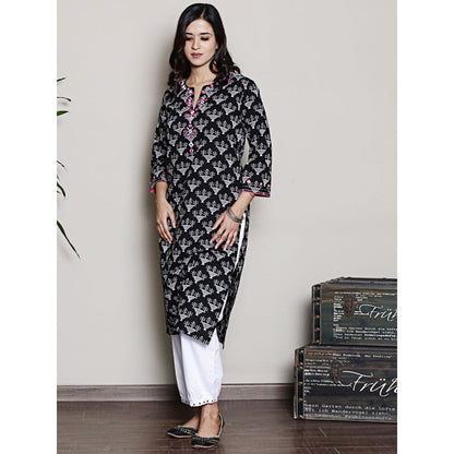 Spring Soul Black Printed Embroidered Neck Kurta