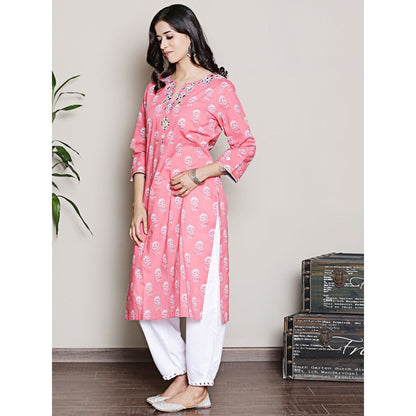 Spring Soul Pink Printed Embroidered Neck Kurta