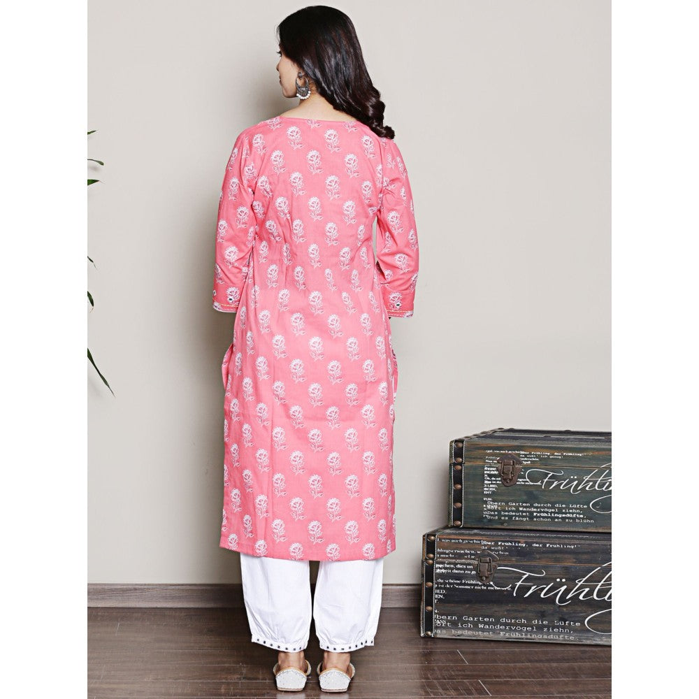 Spring Soul Pink Printed Embroidered Neck Kurta