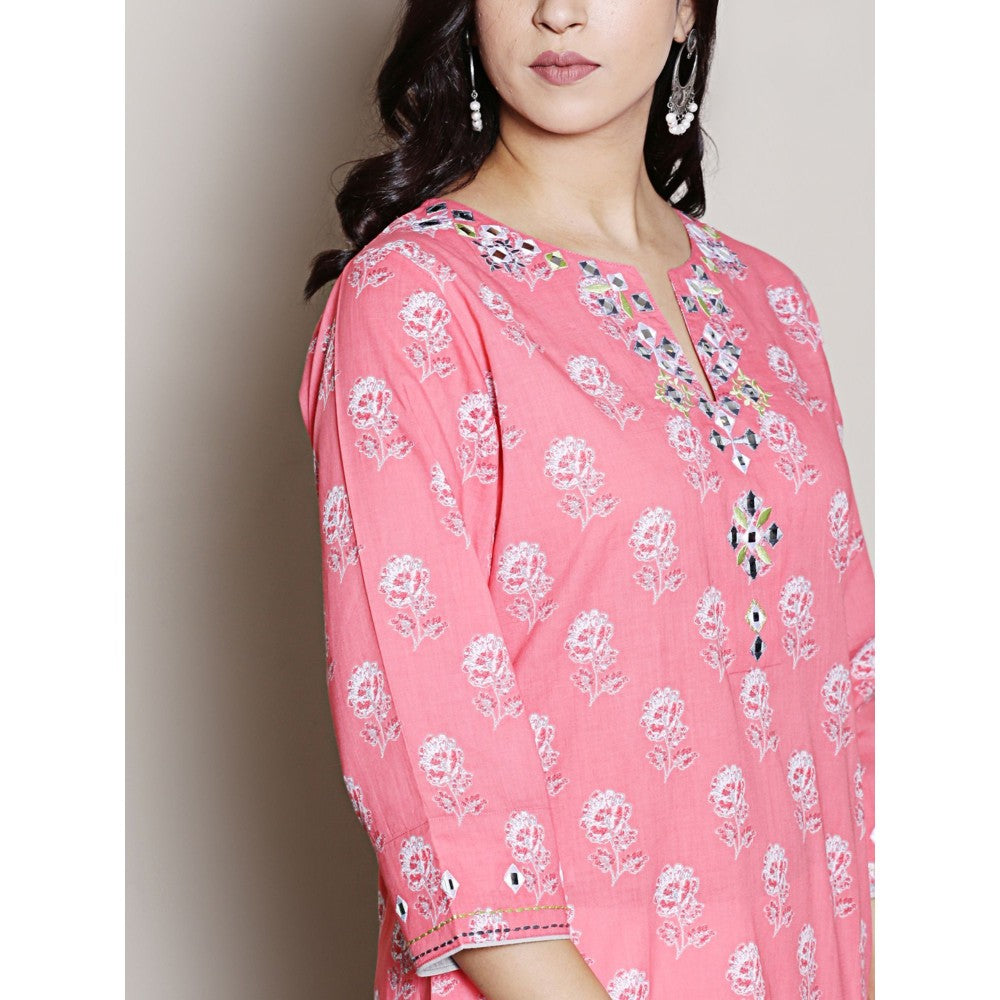 Spring Soul Pink Printed Embroidered Neck Kurta