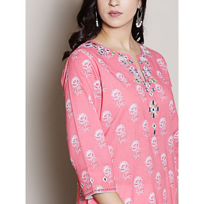 Spring Soul Pink Printed Embroidered Neck Kurta