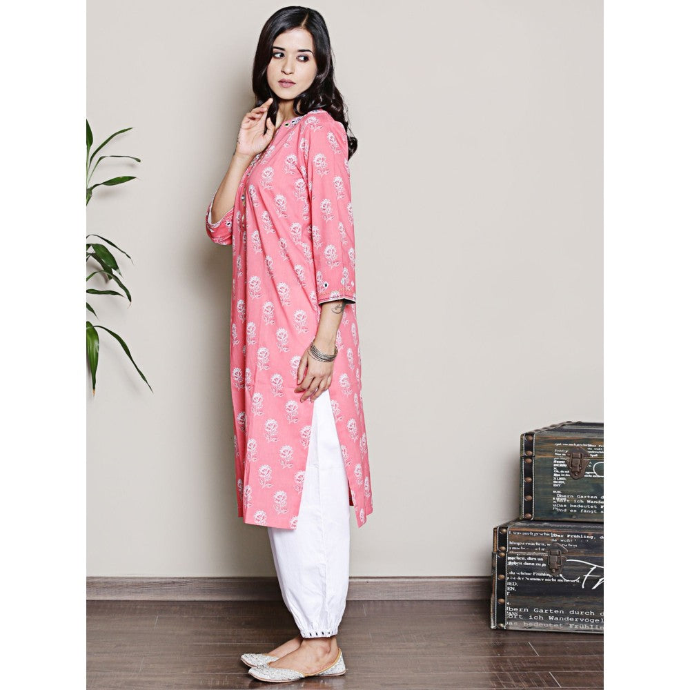 Spring Soul Pink Printed Embroidered Neck Kurta