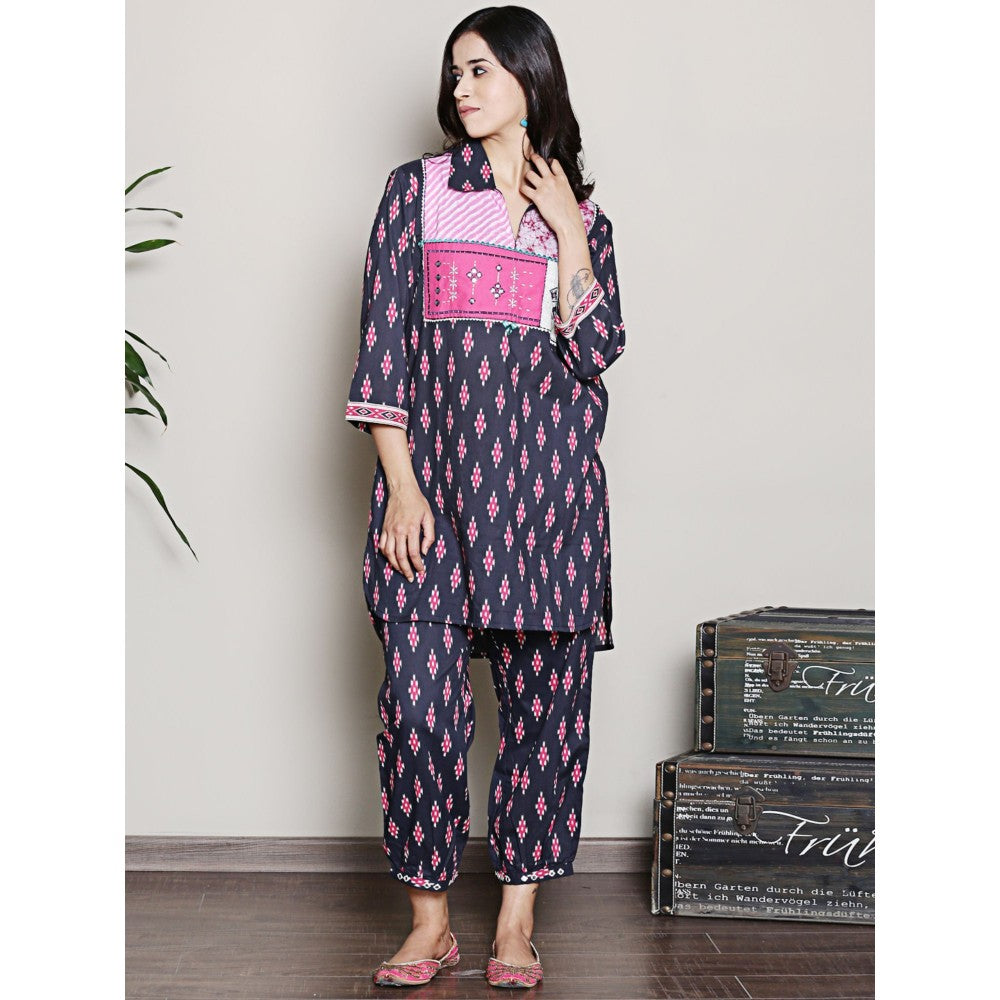 Spring Soul Block Printed Navy Blue Kurta with Yoke Detailing