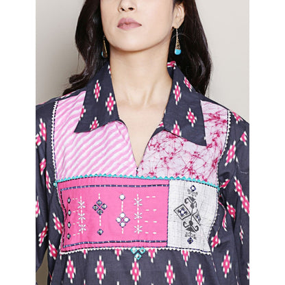 Spring Soul Block Printed Navy Blue Kurta with Yoke Detailing