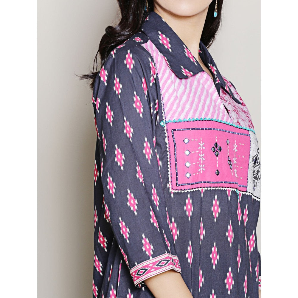 Spring Soul Block Printed Navy Blue Kurta with Yoke Detailing