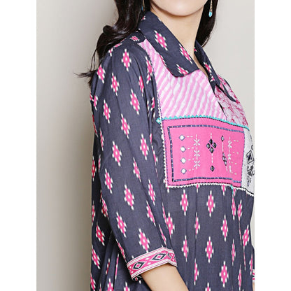 Spring Soul Block Printed Navy Blue Kurta with Yoke Detailing