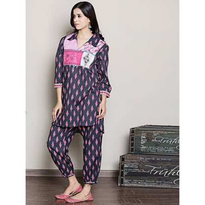 Spring Soul Block Printed Navy Blue Kurta with Yoke Detailing
