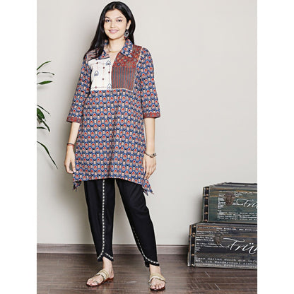 Spring Soul Block Printed Blue Color Kurta with Yoke Detailing