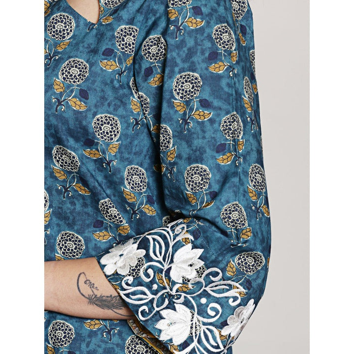 Spring Soul Teal Embroidered Block Printed Kurta with Harem Pant (Set of 2)