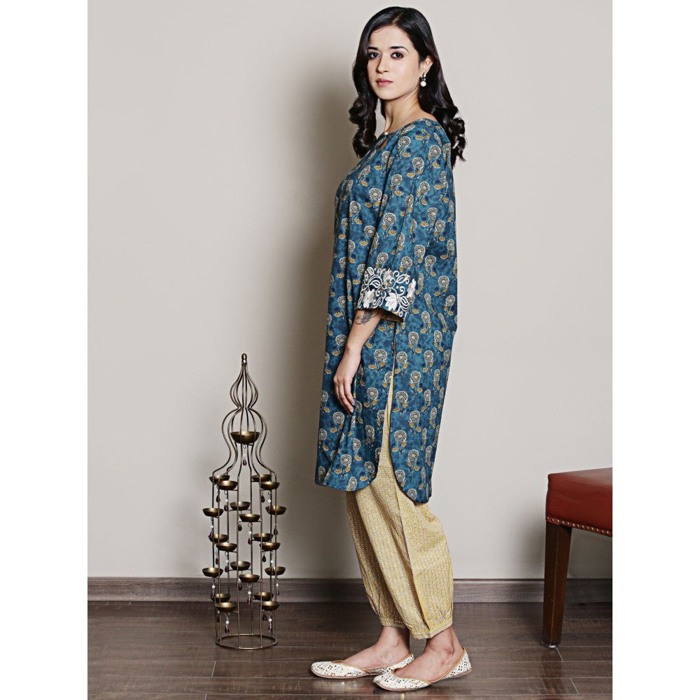 Spring Soul Teal Embroidered Block Printed Kurta with Harem Pant (Set of 2)
