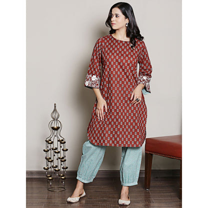 Spring Soul Maroon Embroidered Block Printed Kurta with Harem Pant (Set of 2)