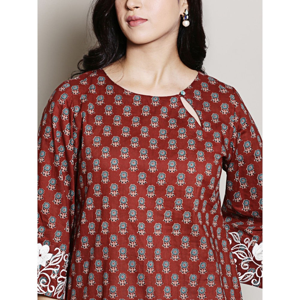 Spring Soul Maroon Embroidered Block Printed Kurta with Harem Pant (Set of 2)