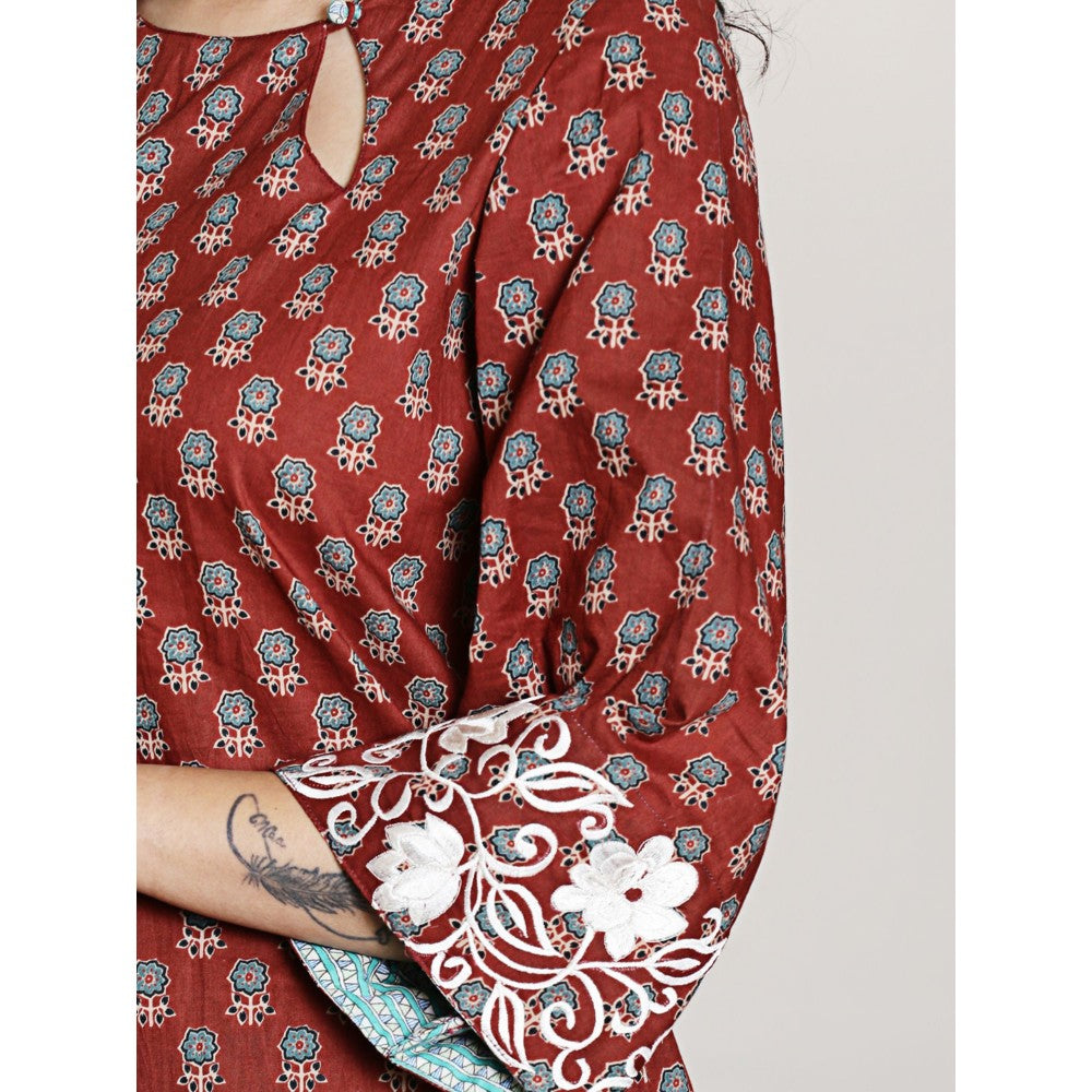Spring Soul Maroon Embroidered Block Printed Kurta with Harem Pant (Set of 2)