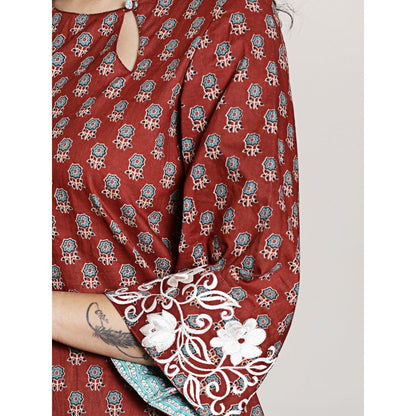 Spring Soul Maroon Embroidered Block Printed Kurta with Harem Pant (Set of 2)
